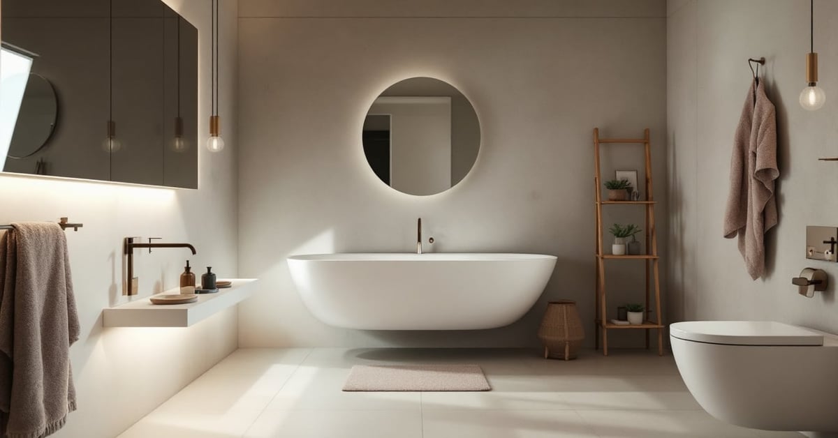 Salle de bain moderne et fonctionnelle avec meubles bien agencés, éclairage naturel et décoration épurée