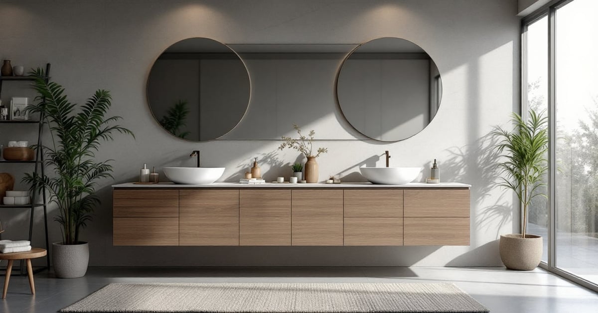 Meuble de salle de bain moderne en bois avec vasque blanche et miroir élégant