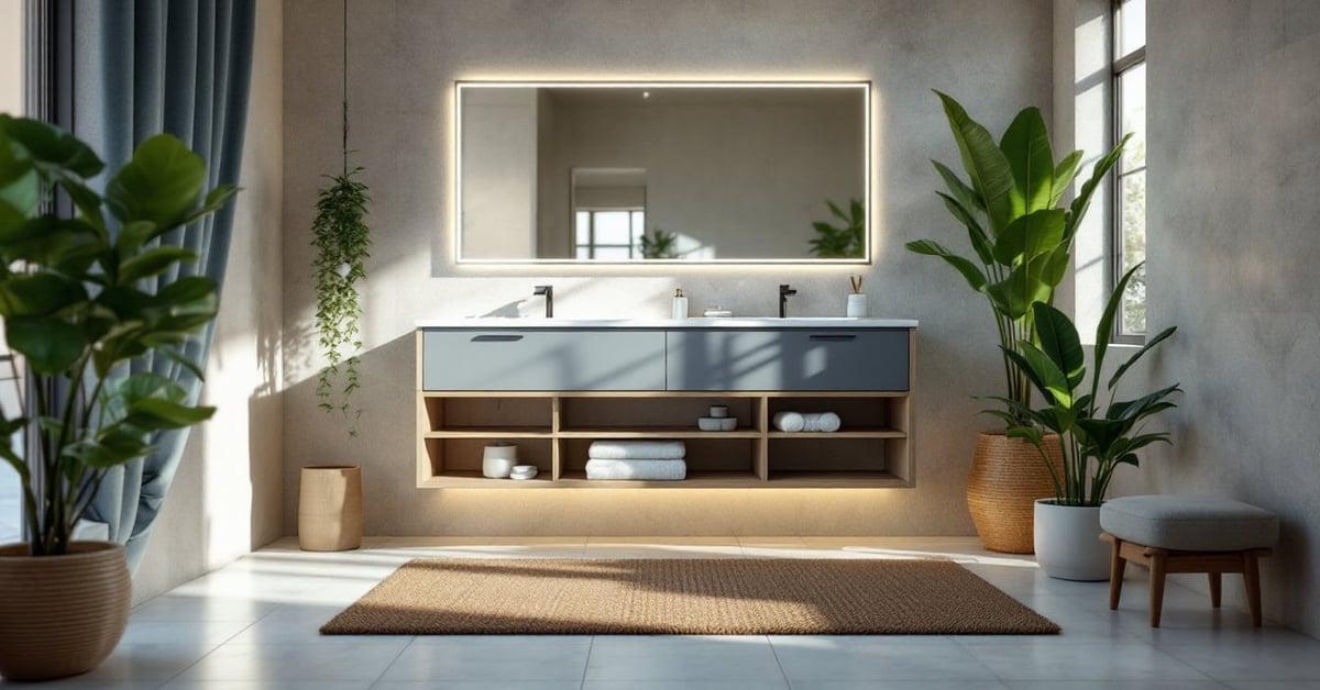 Meubles de salle de bain IKEA modernes avec vasque et rangements dans une salle de bain lumineuse