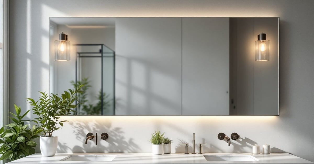 Miroir pour salle de bain moderne dans une salle de bain lumineuse au style épuré et contemporain