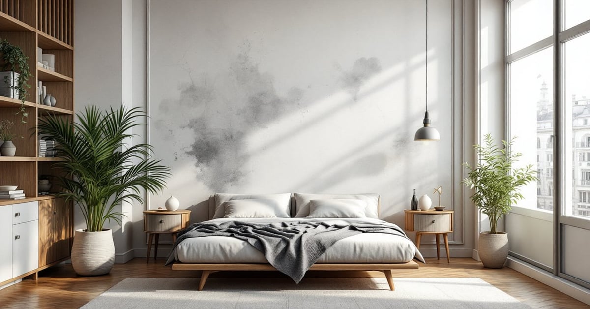 Décoration murale chambre moderne avec tableaux et éléments décoratifs dans une lumière naturelle douce