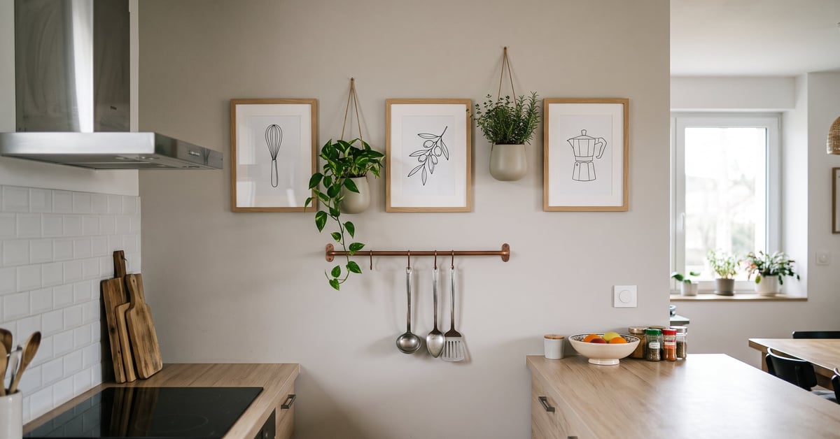 Décoration murale cuisine moderne avec tableau végétal et étagères en bois