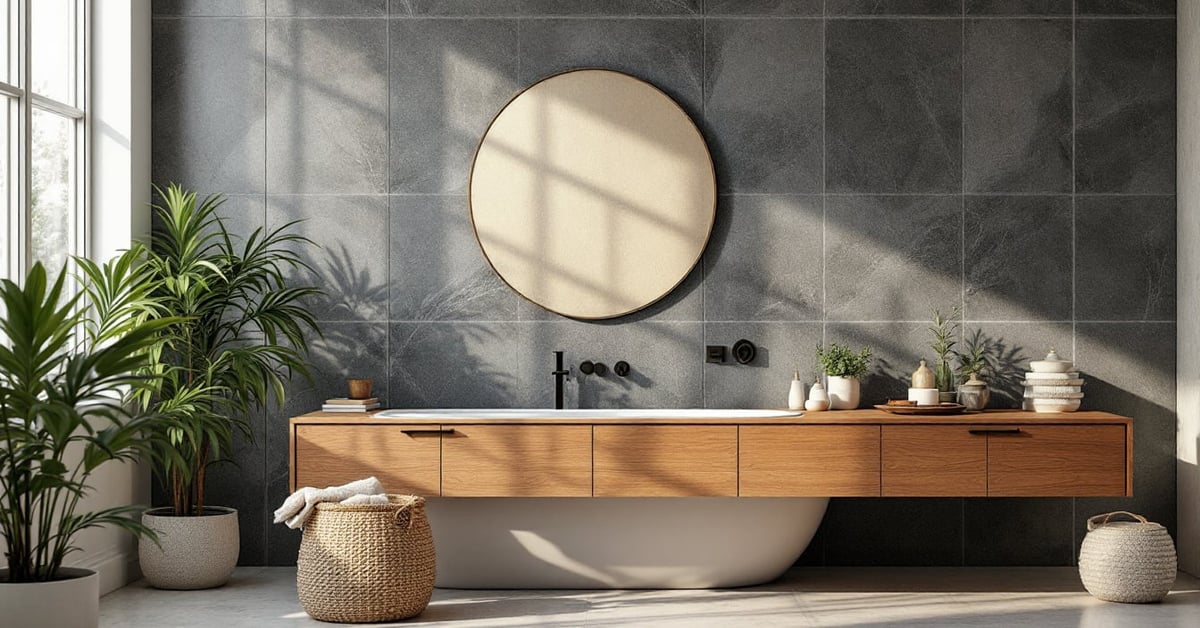 Décoration murale de salle de bain moderne avec carrelage texturé et accessoires épurés