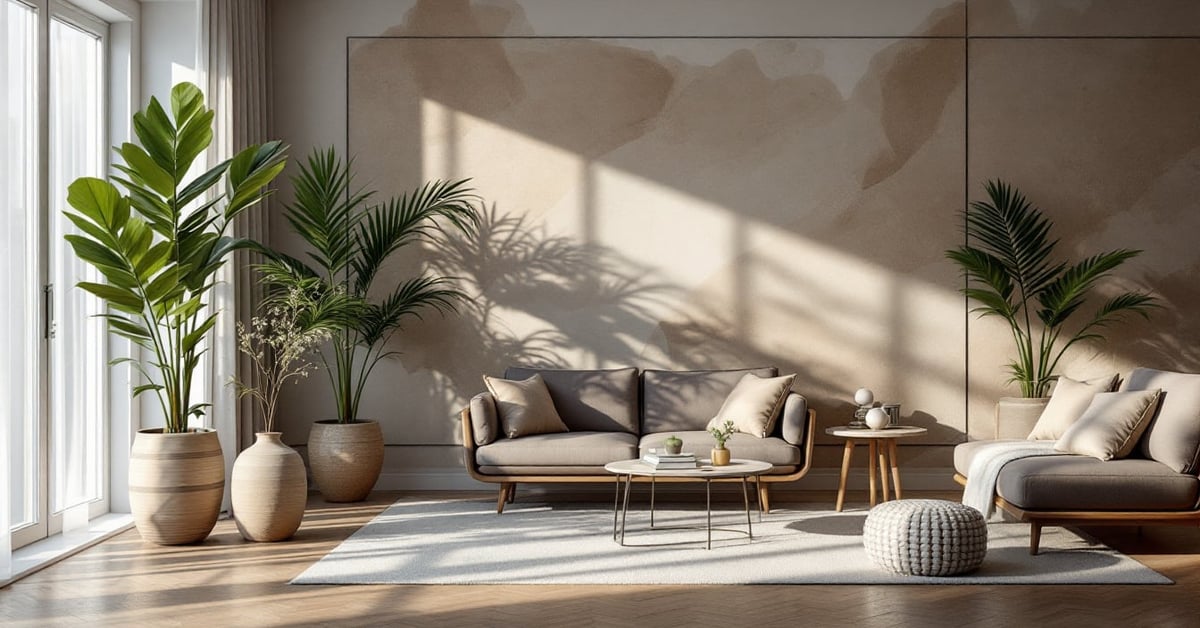 Décoration murale pour salon avec cadres et œuvres d'art dans un intérieur moderne et lumineux