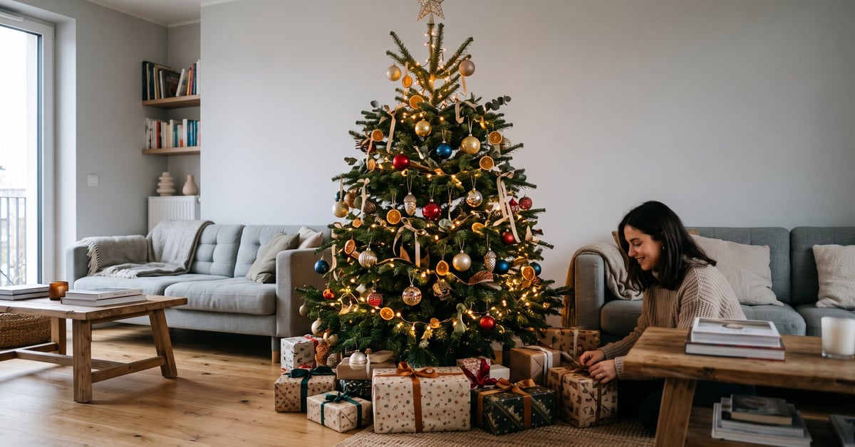 Décoration de Noël intérieure élégante et intemporelle dans un salon moderne au style épuré