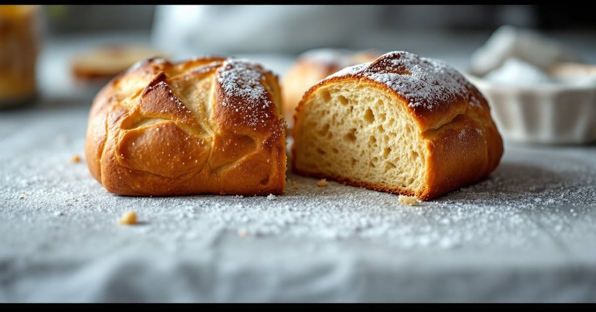 Recette du pain maison sans machine : miche dorée sur plan de travail fariné avec croûte croustillante